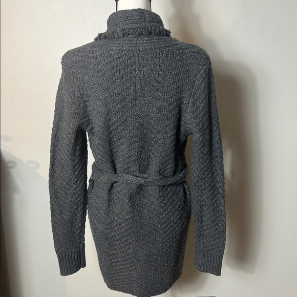 NWT White House Black Market Heather grey fringe shawl collar tie belt cardigan - Picture 8 of 14